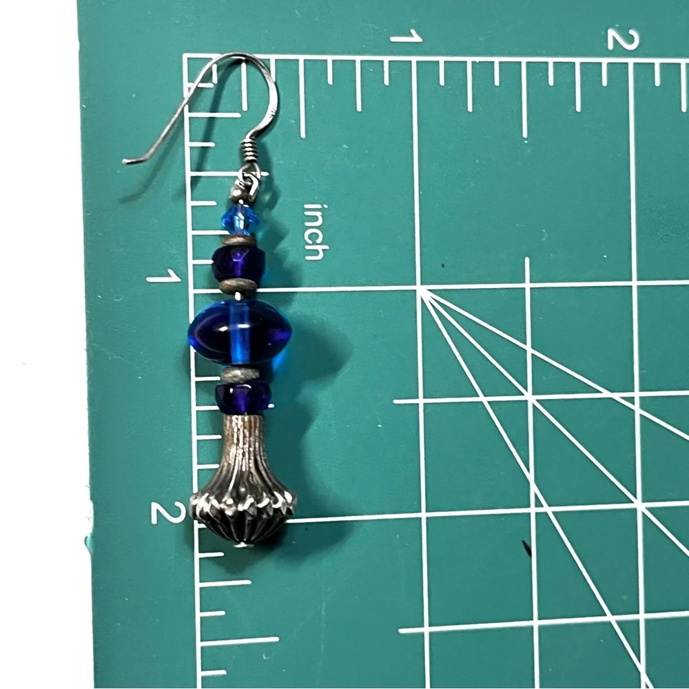 Cobalt Blue Glass & Silver-tone Beaded Pierced Earrings Handmade  2